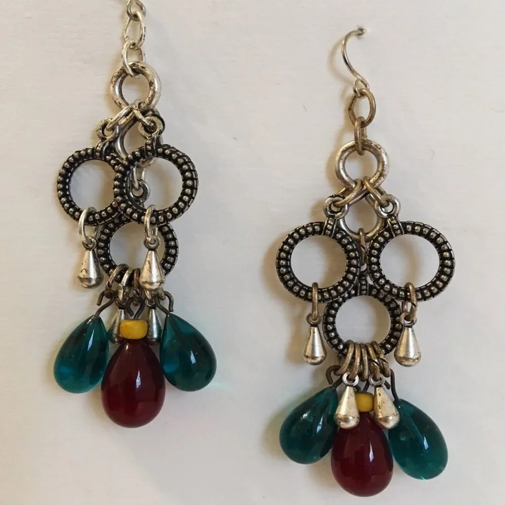 Teardrop Earrings Teal Red Beaded Drops Textured Silver Tone Metal Rings Dangle